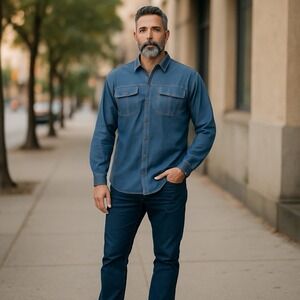 Steve Harvey Classic Shirt 3X Long Sleeve Navy Blue Denim Look Button Front-NWT